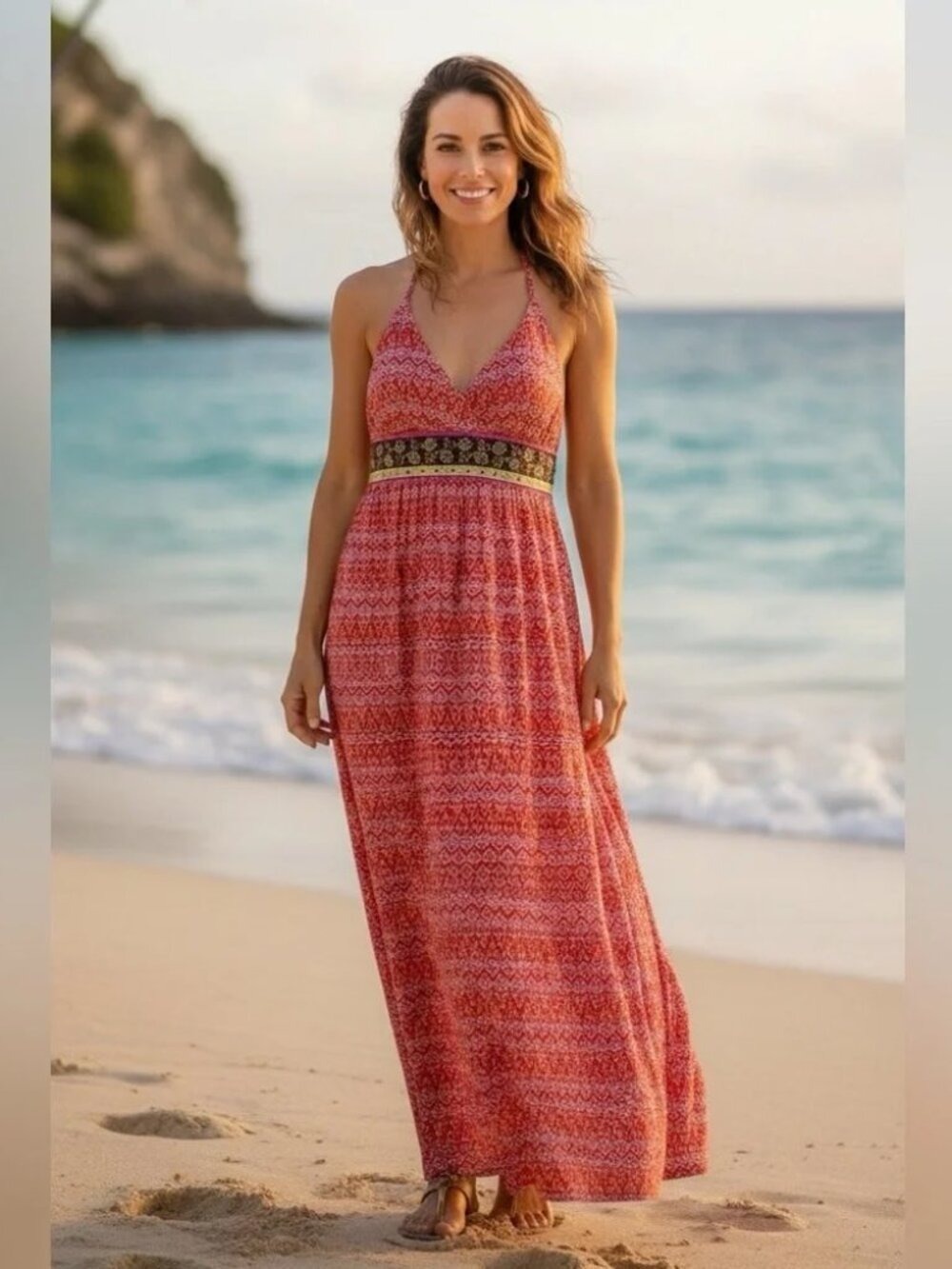 ** Avon Summer Red Multi Floral Maxi Halter Dress Size S